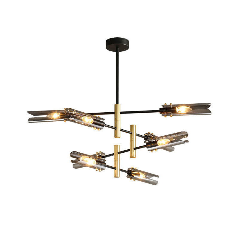 Tubular Chandelier Light Fixture Modern Smoke Gray Glass 8-Head Black and Brass Ceiling Pendant Lamp Clearhalo 'Ceiling Lights' 'Chandeliers' 'Glass shade' 'Glass' 'Modern Chandeliers' 'Modern' 'Pendant Lights' Lighting' 520520