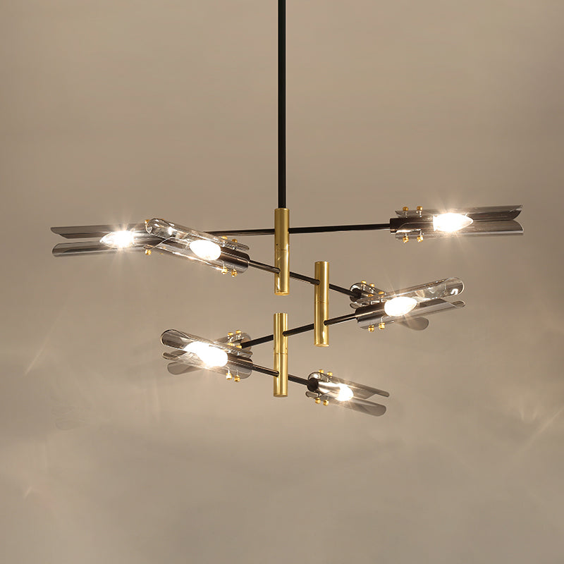 Tubular Chandelier Light Fixture Modern Smoke Gray Glass 8-Head Black and Brass Ceiling Pendant Lamp Clearhalo 'Ceiling Lights' 'Chandeliers' 'Glass shade' 'Glass' 'Modern Chandeliers' 'Modern' 'Pendant Lights' Lighting' 520521