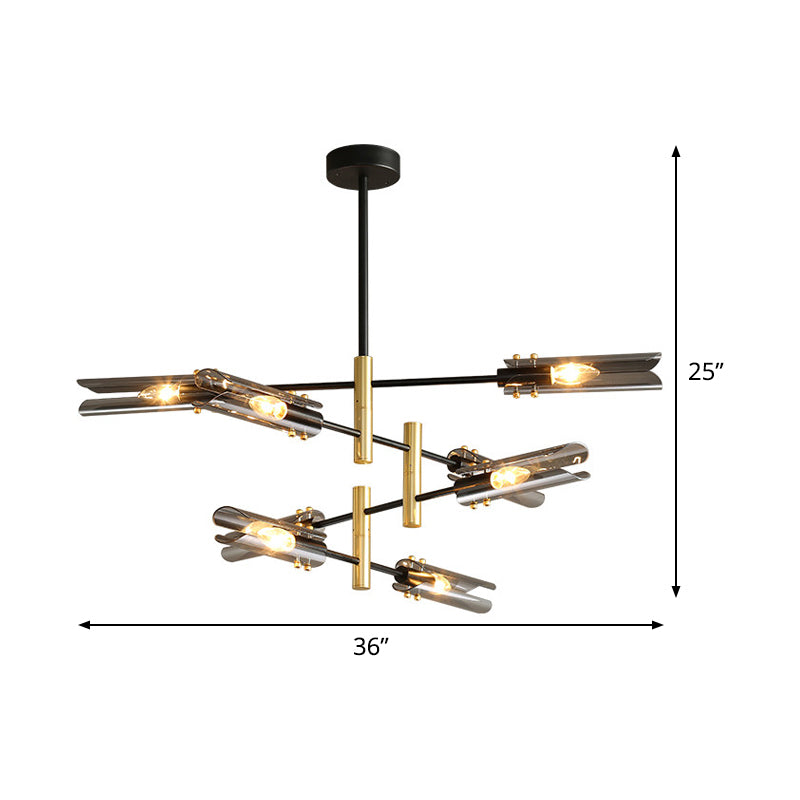 Tubular Chandelier Light Fixture Modern Smoke Gray Glass 8-Head Black and Brass Ceiling Pendant Lamp Clearhalo 'Ceiling Lights' 'Chandeliers' 'Glass shade' 'Glass' 'Modern Chandeliers' 'Modern' 'Pendant Lights' Lighting' 520522