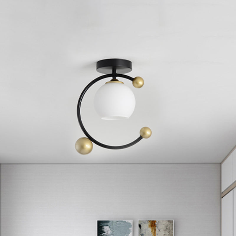 White Glass Sphere Semi Flush Mount Modernist 1 Light Black Semi Flush Mount Light Fixture with Iron Ring, 10