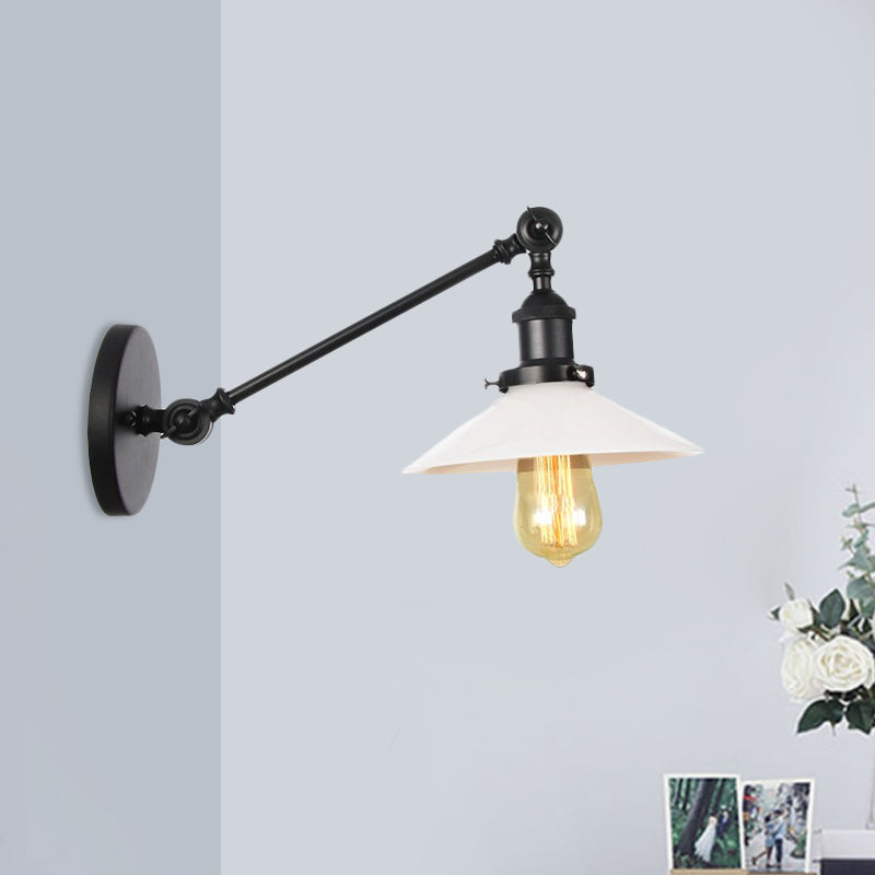 Industrial Conical Sconce Light 1 Light Opal Glass Wall Lamp in Black/Bronze/Brass with Arm, 8