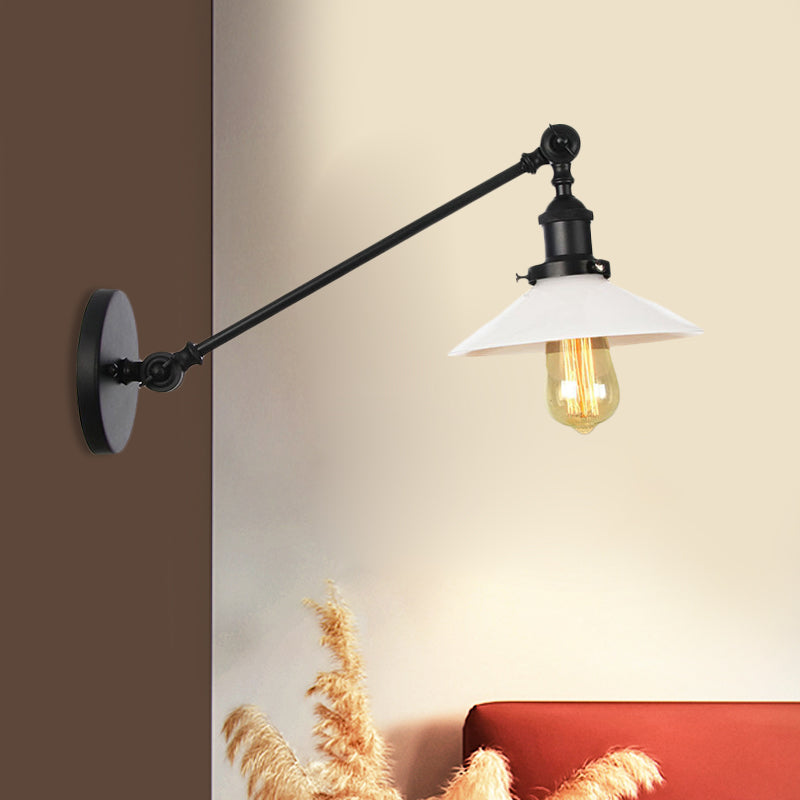 Industrial Conical Sconce Light 1 Light Opal Glass Wall Lamp in Black/Bronze/Brass with Arm, 8