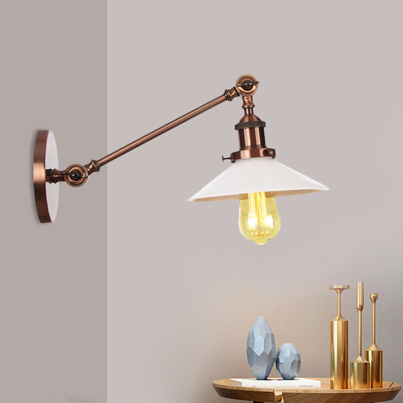 Industrial Conical Sconce Light 1 Light Opal Glass Wall Lamp in Black/Bronze/Brass with Arm, 8