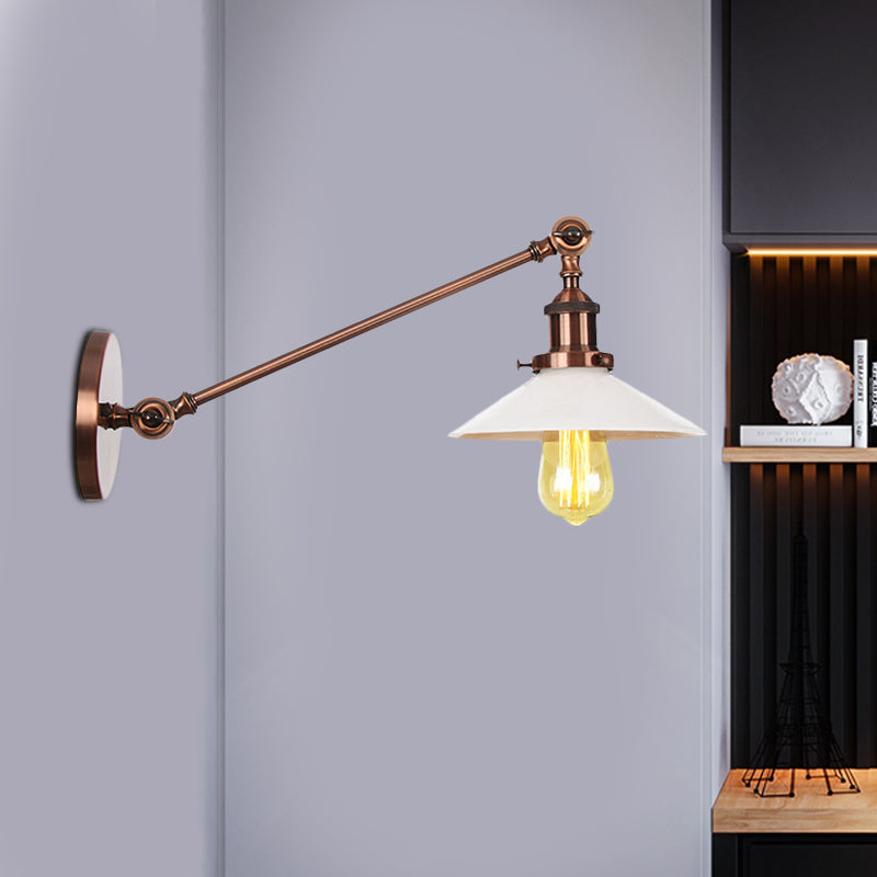 Industrial Conical Sconce Light 1 Light Opal Glass Wall Lamp in Black/Bronze/Brass with Arm, 8