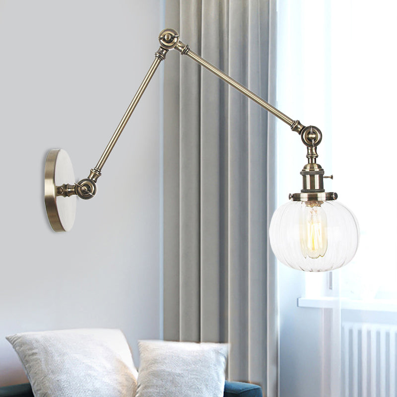 Globe Clear/Amber Glass Wall Mounted Lighting Vintage 1 Light Indoor Sconce in Brass/Chrome/Black with Adjustable Arm, 8