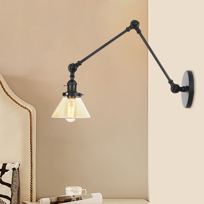 1 Light Wall Lamp Industrial Conical Clear/Amber Glass Sconce in Black/Bronze/Brass with Adjustable Arm, 8“+8