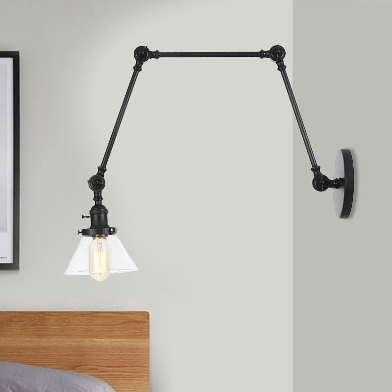 1 Light Wall Lamp Industrial Conical Clear/Amber Glass Sconce in Black/Bronze/Brass with Adjustable Arm, 8“+8