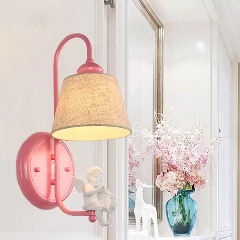 Fabric Tapered Shade Wall Light Dining Room 1 Head Macaron Style Wall Sconce with Vivid Decoration Pink Clearhalo 'Wall Lamps & Sconces' 'Wall Lights' Lighting' 52372