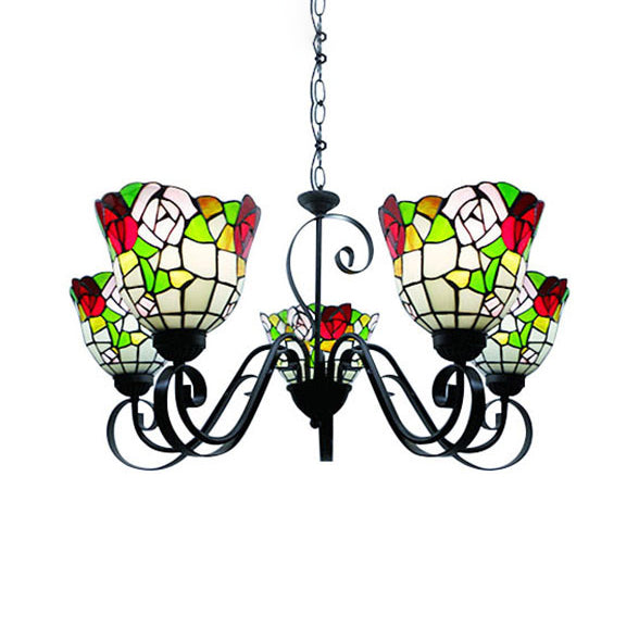 Stained Glass Bell Ceiling Pendant 3/5 Lights Tiffany Retro Loft Chandelier with Flower in Black for Hotel 5 Black Clearhalo 'Ceiling Lights' 'Chandeliers' 'Industrial' 'Middle Century Chandeliers' 'Tiffany Chandeliers' 'Tiffany close to ceiling' 'Tiffany' Lighting' 53288