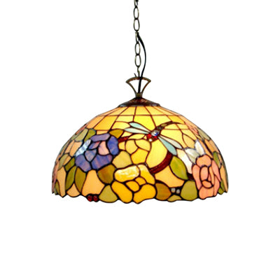 Tiffany Multi-Colored Pendant Light with Flower and Dragonfly 12