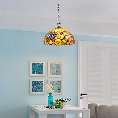 Tiffany Multi-Colored Pendant Light with Flower and Dragonfly 12