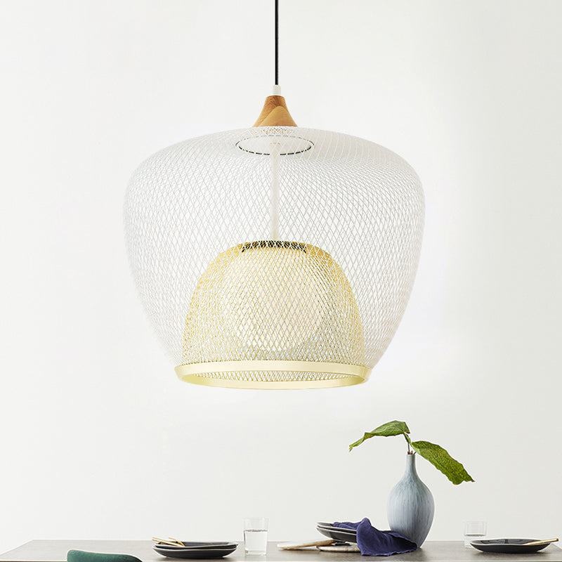 Contemporary 1 Bulb Pendant Lighting with Iron Mesh Shade White/Blue Woven Basket Hanging Ceiling Lamp White Clearhalo 'Ceiling Lights' 'Modern Pendants' 'Modern' 'Pendant Lights' 'Pendants' Lighting' 536698