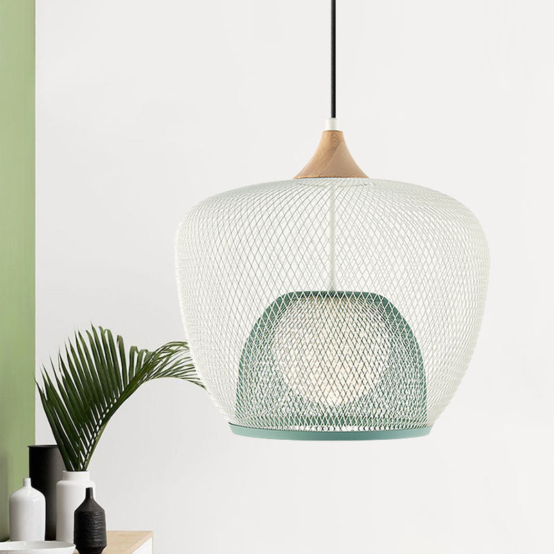 Contemporary 1 Bulb Pendant Lighting with Iron Mesh Shade White/Blue Woven Basket Hanging Ceiling Lamp Blue Clearhalo 'Ceiling Lights' 'Modern Pendants' 'Modern' 'Pendant Lights' 'Pendants' Lighting' 536703