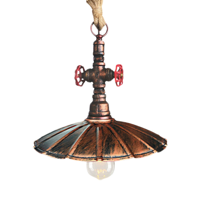 Rust 1 Light Hanging Lighting Industrial Metal Scalloped Suspended Pendant Lamp with Knots Rope Cord Clearhalo 'Art Deco Pendants' 'Cast Iron' 'Ceiling Lights' 'Ceramic' 'Crystal' 'Industrial Pendants' 'Industrial' 'Metal' 'Middle Century Pendants' 'Pendant Lights' 'Pendants' 'Tiffany' Lighting' 536995