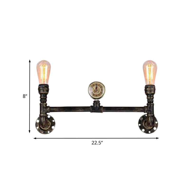 Iron Bronze Finish Wall Mount Lamp Bare Bulb 2-Head Antiqued Sconce Lighting with Gauge Deco Clearhalo 'Art deco wall lights' 'Cast Iron' 'Glass' 'Industrial wall lights' 'Industrial' 'Middle century wall lights' 'Modern' 'Rustic wall lights' 'Tiffany' 'Traditional wall lights' 'Wall Lamps & Sconces' 'Wall Lights' Lighting' 537102