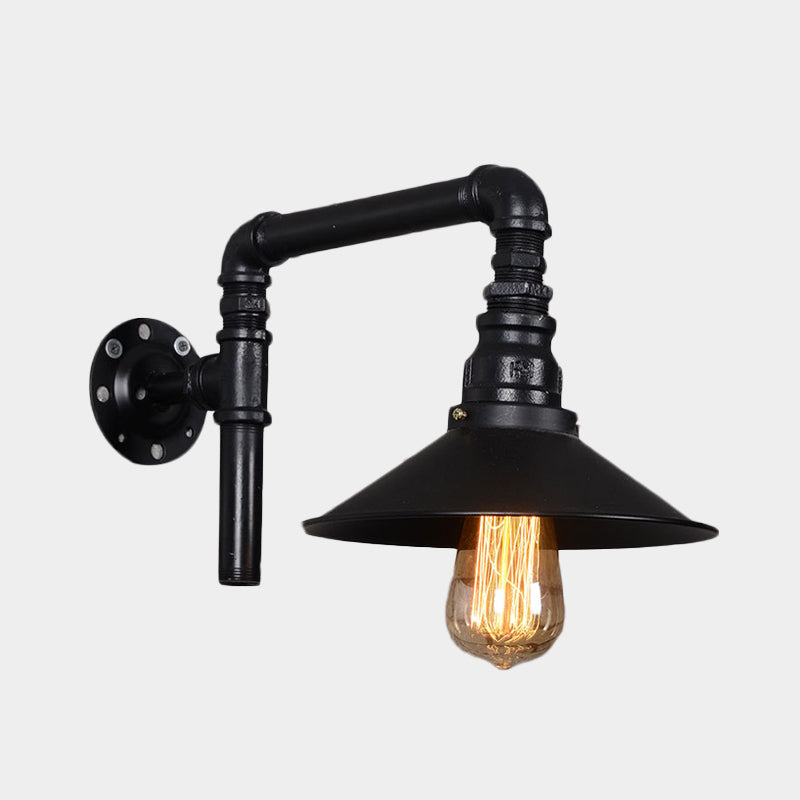 1 Bulb Iron Sconce Light Fixture Vintage Black Flared Restaurant Wall Mount Pipe Lamp with Right Angle Arm Clearhalo 'Art deco wall lights' 'Cast Iron' 'Glass' 'Industrial wall lights' 'Industrial' 'Middle century wall lights' 'Modern' 'Rustic wall lights' 'Tiffany' 'Traditional wall lights' 'Wall Lamps & Sconces' 'Wall Lights' Lighting' 537234