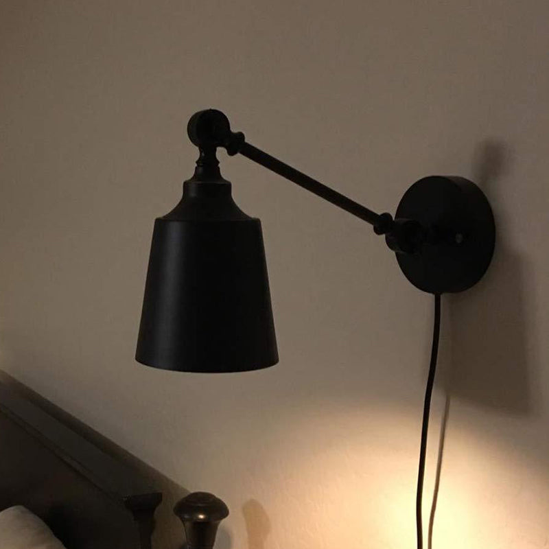 Iron Bell Wall Mount Sconce Industrial 1 Head Bedside Plug-In Wall Lighting Fixture in Black with Swing Arm Black Clearhalo 'Art deco wall lights' 'Cast Iron' 'Glass' 'Industrial wall lights' 'Industrial' 'Middle century wall lights' 'Modern' 'Rustic wall lights' 'Tiffany' 'Traditional wall lights' 'Wall Lamps & Sconces' 'Wall Lights' Lighting' 537401