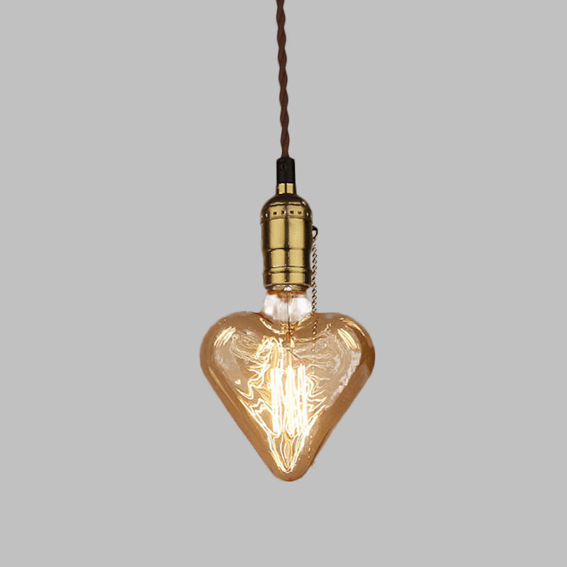 Industrial Heart Shape Down Lighting 1-Light Amber Glass Hanging Pendant Lamp in Brass Clearhalo 'Ceiling Lights' 'Chandeliers' 'Glass shade' 'Glass' 'Industrial Pendants' 'Industrial' 'Middle Century Pendants' 'Pendant Lights' 'Pendants' 'Tiffany' Lighting' 537471