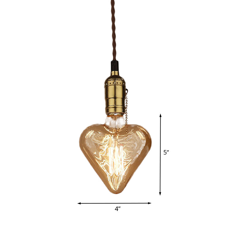 Industrial Heart Shape Down Lighting 1-Light Amber Glass Hanging Pendant Lamp in Brass Clearhalo 'Ceiling Lights' 'Chandeliers' 'Glass shade' 'Glass' 'Industrial Pendants' 'Industrial' 'Middle Century Pendants' 'Pendant Lights' 'Pendants' 'Tiffany' Lighting' 537472