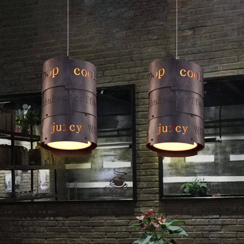 1 Light Metal Hanging Light Kit Industrial Black Cylinder Restaurant Lettering Suspended Pendant Lamp Black Clearhalo 'Art Deco Pendants' 'Black' 'Cast Iron' 'Ceiling Lights' 'Ceramic' 'Crystal' 'Industrial Pendants' 'Industrial' 'Metal' 'Middle Century Pendants' 'Pendant Lights' 'Pendants' 'Rustic Pendants' 'Tiffany' Lighting' 537483