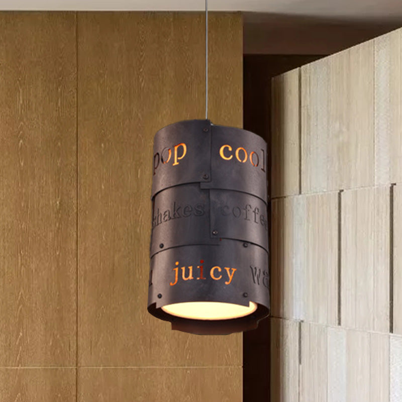 1 Light Metal Hanging Light Kit Industrial Black Cylinder Restaurant Lettering Suspended Pendant Lamp Clearhalo 'Art Deco Pendants' 'Black' 'Cast Iron' 'Ceiling Lights' 'Ceramic' 'Crystal' 'Industrial Pendants' 'Industrial' 'Metal' 'Middle Century Pendants' 'Pendant Lights' 'Pendants' 'Rustic Pendants' 'Tiffany' Lighting' 537484