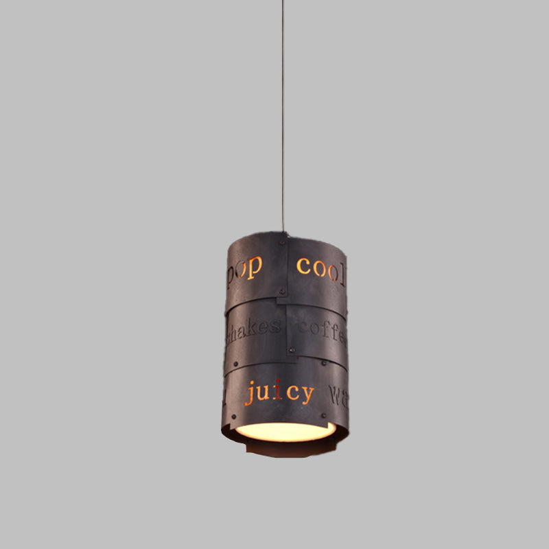 1 Light Metal Hanging Light Kit Industrial Black Cylinder Restaurant Lettering Suspended Pendant Lamp Clearhalo 'Art Deco Pendants' 'Black' 'Cast Iron' 'Ceiling Lights' 'Ceramic' 'Crystal' 'Industrial Pendants' 'Industrial' 'Metal' 'Middle Century Pendants' 'Pendant Lights' 'Pendants' 'Rustic Pendants' 'Tiffany' Lighting' 537486