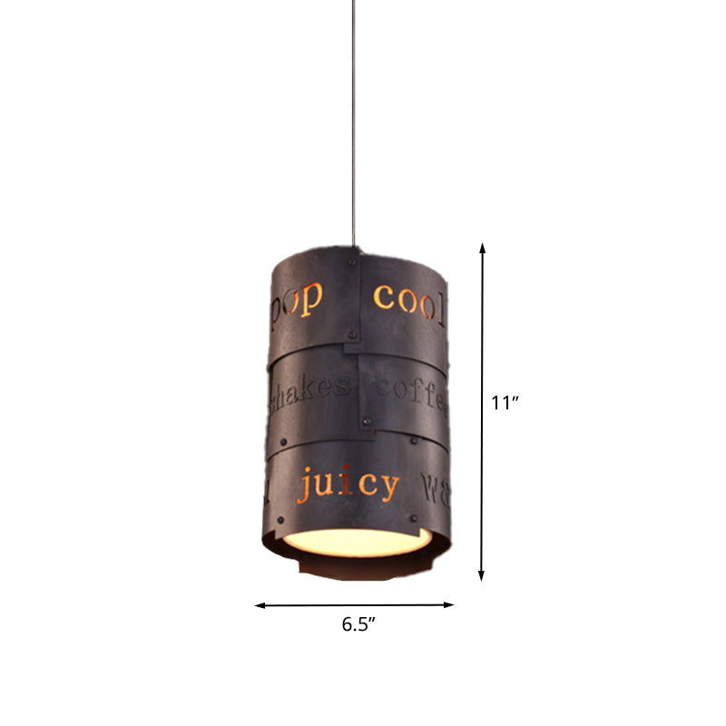 1 Light Metal Hanging Light Kit Industrial Black Cylinder Restaurant Lettering Suspended Pendant Lamp Clearhalo 'Art Deco Pendants' 'Black' 'Cast Iron' 'Ceiling Lights' 'Ceramic' 'Crystal' 'Industrial Pendants' 'Industrial' 'Metal' 'Middle Century Pendants' 'Pendant Lights' 'Pendants' 'Rustic Pendants' 'Tiffany' Lighting' 537487