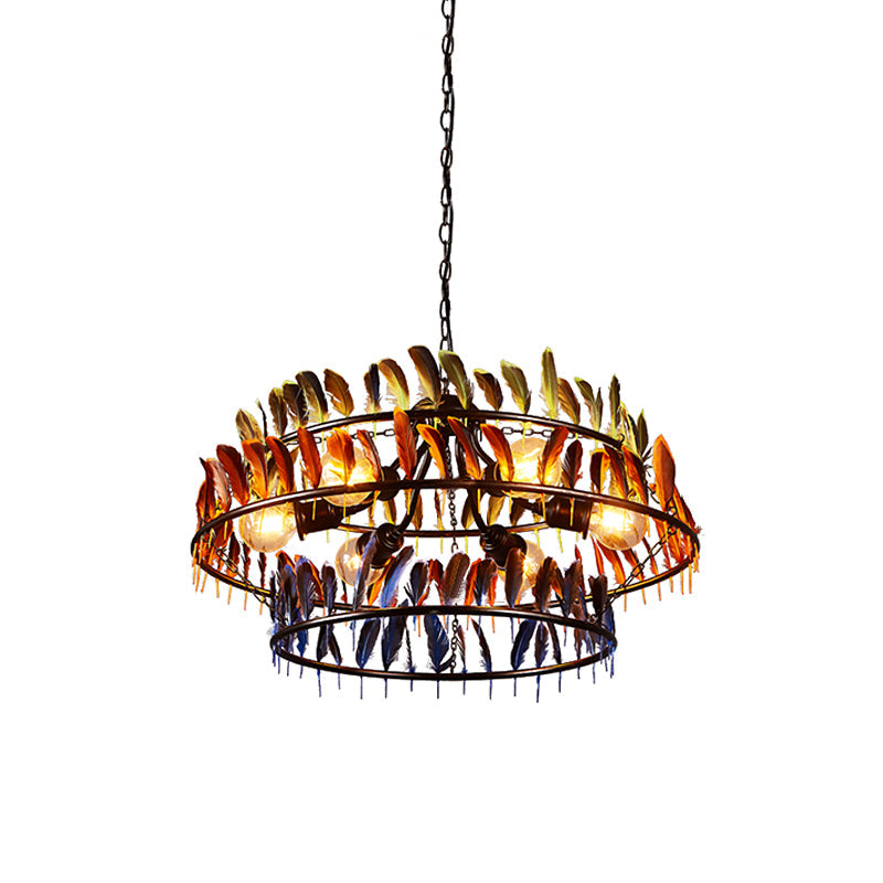 6 Bulbs Hanging Lighting Art Deco Feather Metallic Chandelier Pendant Lamp in Red and Blue Clearhalo 'Cast Iron' 'Ceiling Lights' 'Chandeliers' 'Industrial Chandeliers' 'Industrial' 'Metal' 'Middle Century Chandeliers' 'Rustic Chandeliers' 'Tiffany' Lighting' 537567