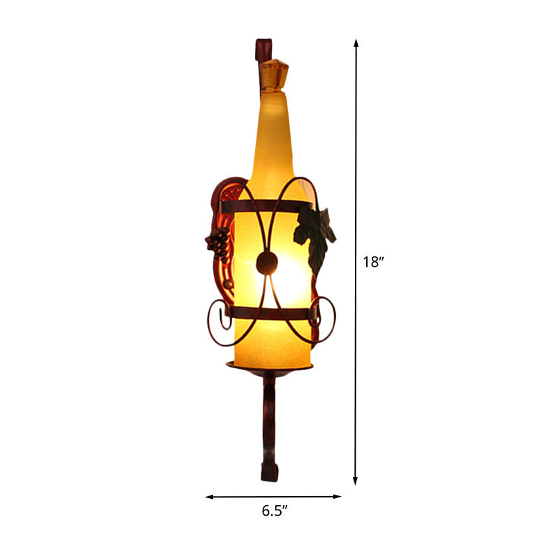 1 Head Bottle Sconce Lighting Vintage Copper Yellow Glass Wall-Mount Lamp Fixture with Wine Rack Design Clearhalo 'Cast Iron' 'Glass' 'Industrial wall lights' 'Industrial' 'Middle century wall lights' 'Modern' 'Tiffany' 'Traditional wall lights' 'Wall Lamps & Sconces' 'Wall Lights' Lighting' 537651