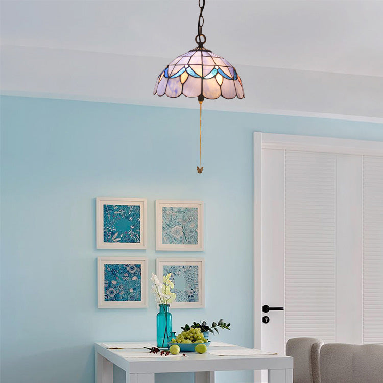 Beige/Blue Handcrafted Art Glass Dome Ceiling Lamp Antique 1 Bulb Suspension Pendant Light Blue Clearhalo 'Ceiling Lights' 'Close To Ceiling Lights' 'Industrial' 'Middle Century Pendants' 'Pendant Lights' 'Pendants' 'Tiffany close to ceiling' 'Tiffany Pendants' 'Tiffany' Lighting' 54113