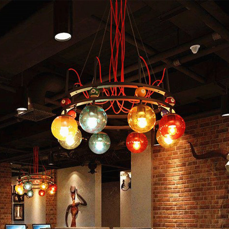 Black Round Ceiling Chandelier Vintage Colorful Glass 8/12/16 Bulbs Living Room Pendant Light with Billiard Decoration Clearhalo 'Ceiling Lights' 'Chandeliers' 'Glass shade' 'Glass' 'Industrial Chandeliers' 'Industrial' 'Middle Century Chandeliers' 'Pendant Lights' 'Tiffany' Lighting' 541500