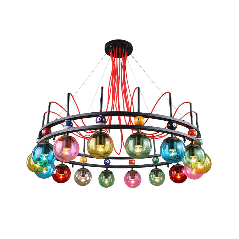 Black Round Ceiling Chandelier Vintage Colorful Glass 8/12/16 Bulbs Living Room Pendant Light with Billiard Decoration Clearhalo 'Ceiling Lights' 'Chandeliers' 'Glass shade' 'Glass' 'Industrial Chandeliers' 'Industrial' 'Middle Century Chandeliers' 'Pendant Lights' 'Tiffany' Lighting' 541507