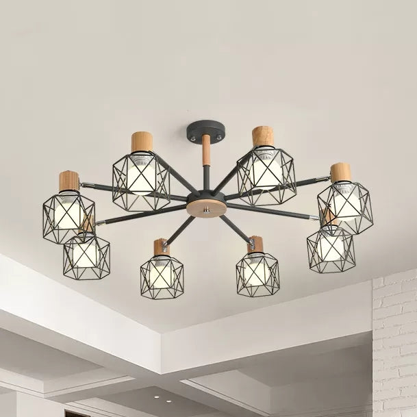 Wire Frame Hanging Light Modern Stylish Wood & Metal Chandelier for Villa Restaurant Clearhalo 'Ceiling Lights' 'Chandeliers' Lighting' options 55442