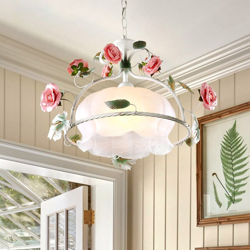 1 Bulb Pendant Lighting Pastoral Flower White Glass LED Suspension Lamp for Restaurant White Clearhalo 'Ceiling Lights' 'Glass shade' 'Glass' 'Pendant Lights' 'Pendants' Lighting' 559111