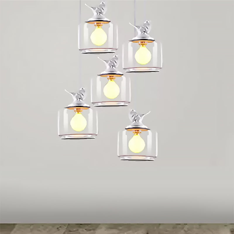 Modern Drum Hanging Lamp with Bird Deco Clear Glass White Ceiling Light for Living Room Clearhalo 'Ceiling Lights' 'Close To Ceiling Lights' 'Glass shade' 'Glass' 'Pendant Lights' 'Pendants' Lighting' 559171