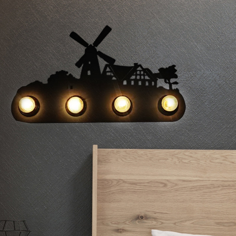 Vintage Conveyor Belt Sconce Light Meta 4 Lights Black Wall Lamp with Windmill for Bedroom Clearhalo 'Wall Lamps & Sconces' 'Wall Lights' Lighting' 559177