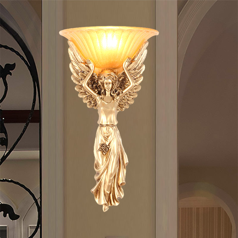 Upward Wall Sconce Frosted Glass Vintage Style Gold Resin Flared Wall Mounted Sconce with Angel Design Gold Clearhalo 'Wall Lamps & Sconces' 'Wall Lights' Lighting' 559471