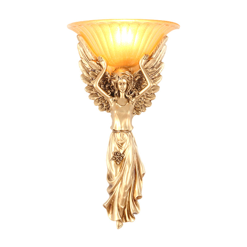 Upward Wall Sconce Frosted Glass Vintage Style Gold Resin Flared Wall Mounted Sconce with Angel Design Clearhalo 'Wall Lamps & Sconces' 'Wall Lights' Lighting' 559473