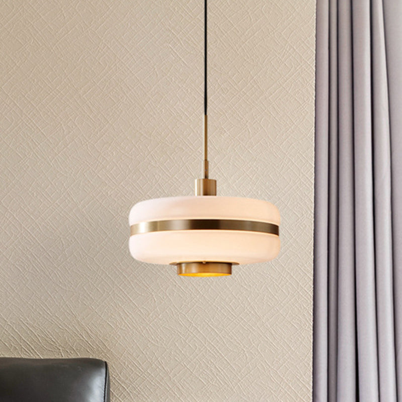 Drum Pendant Light Fixture Postmodern White Glass 1 Light Bedroom Hanging Ceiling Light White Clearhalo 'Ceiling Lights' 'Glass shade' 'Glass' 'Modern Pendants' 'Modern' 'Pendant Lights' 'Pendants' Lighting' 559657