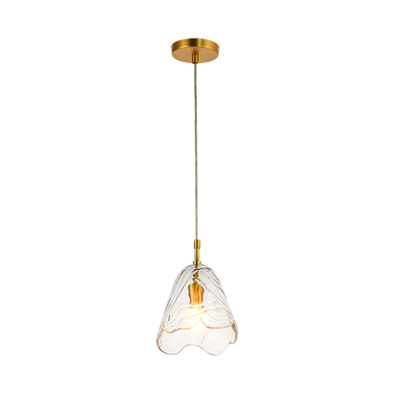 Scalloped Hanging Lighting Modernist Clear/Blue Ripple Glass 1 Bulb Open Kitchen Ceiling Pendant Lamp in Brass Clearhalo 'Ceiling Lights' 'Close To Ceiling Lights' 'Glass shade' 'Glass' 'Modern Pendants' 'Modern' 'Pendant Lights' 'Pendants' Lighting' 559669