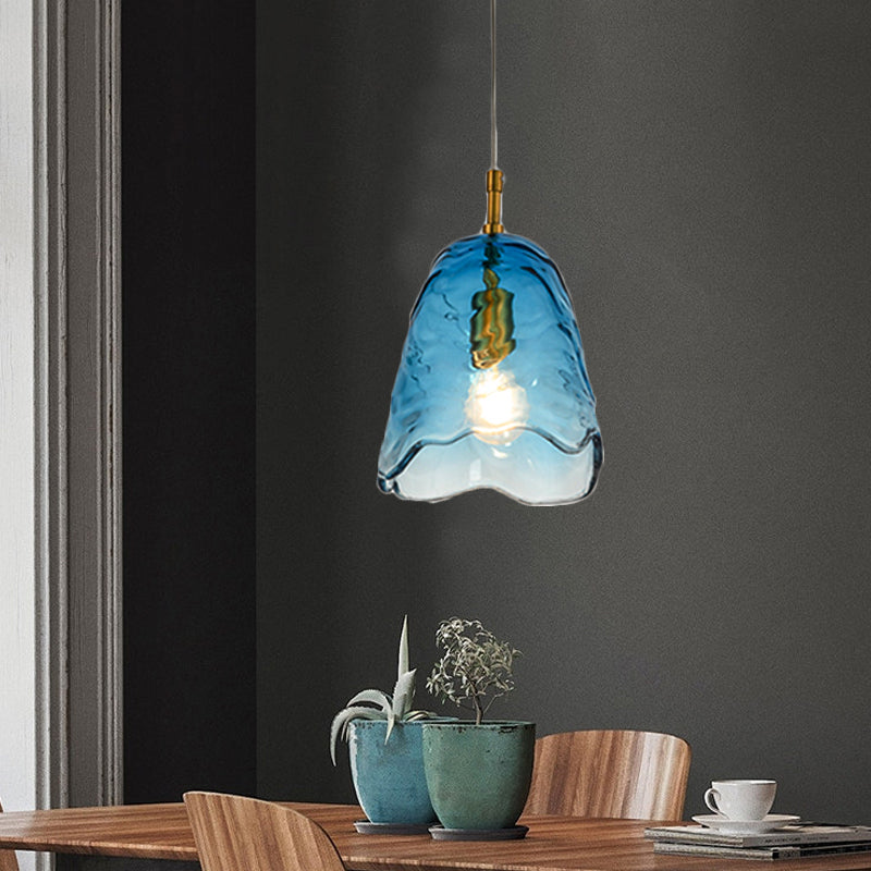 Scalloped Hanging Lighting Modernist Clear/Blue Ripple Glass 1 Bulb Open Kitchen Ceiling Pendant Lamp in Brass Blue Clearhalo 'Ceiling Lights' 'Close To Ceiling Lights' 'Glass shade' 'Glass' 'Modern Pendants' 'Modern' 'Pendant Lights' 'Pendants' Lighting' 559673