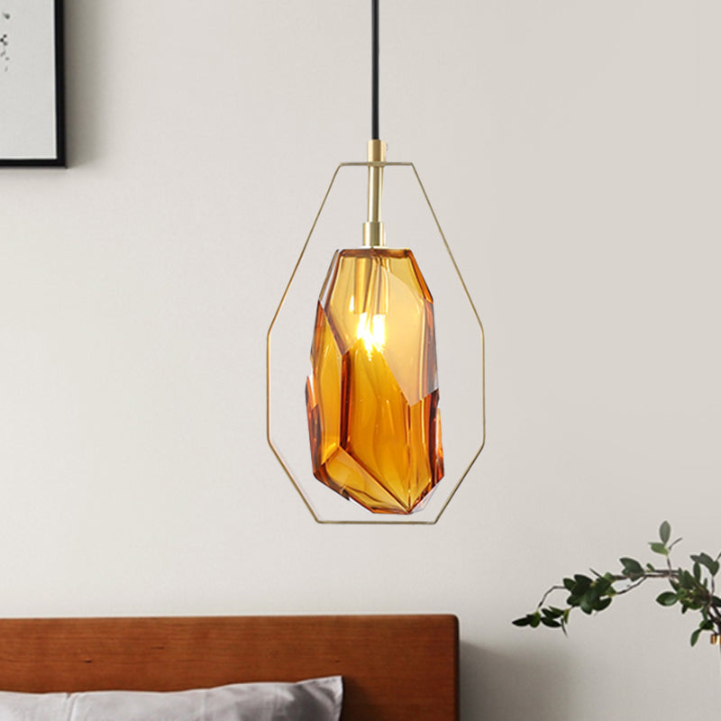 Retro 1 Head Suspended Light Smoke Grey/Cognac Glass Gemstone Pendant Lighting with Brass Frame over Table Cognac Clearhalo 'Ceiling Lights' 'Glass shade' 'Glass' 'Modern Pendants' 'Modern' 'Pendant Lights' 'Pendants' Lighting' 559691