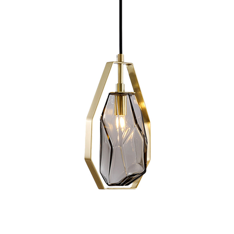 Retro 1 Head Suspended Light Smoke Grey/Cognac Glass Gemstone Pendant Lighting with Brass Frame over Table Clearhalo 'Ceiling Lights' 'Glass shade' 'Glass' 'Modern Pendants' 'Modern' 'Pendant Lights' 'Pendants' Lighting' 559697