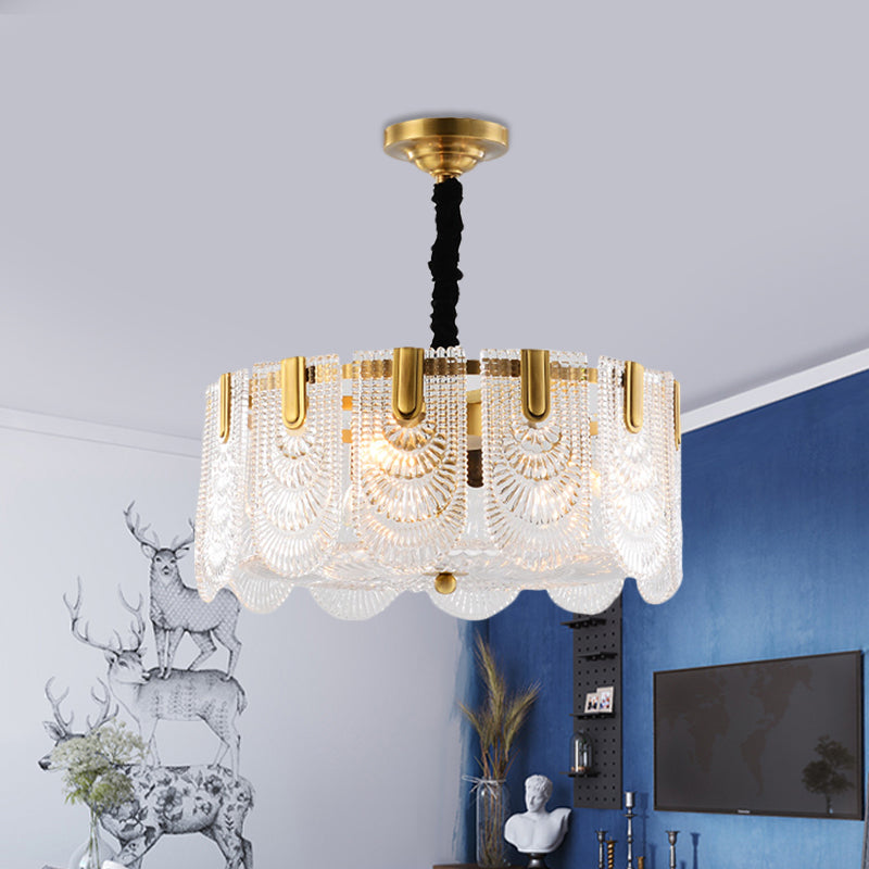 Textured Glass Layered Hanging Ceiling Light Modernism 3/8 Lights Chandelier Light in Brass 3 Brass Clearhalo 'Ceiling Lights' 'Chandeliers' 'Modern Chandeliers' 'Modern' Lighting' 559936