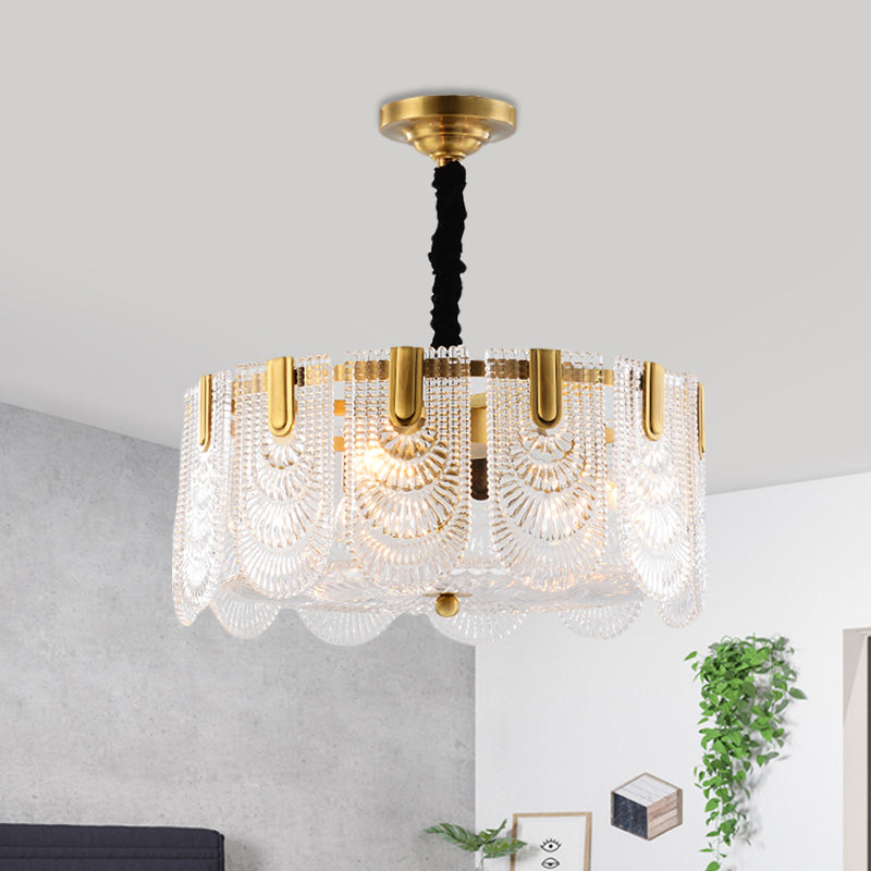 Textured Glass Layered Hanging Ceiling Light Modernism 3/8 Lights Chandelier Light in Brass Clearhalo 'Ceiling Lights' 'Chandeliers' 'Modern Chandeliers' 'Modern' Lighting' 559937