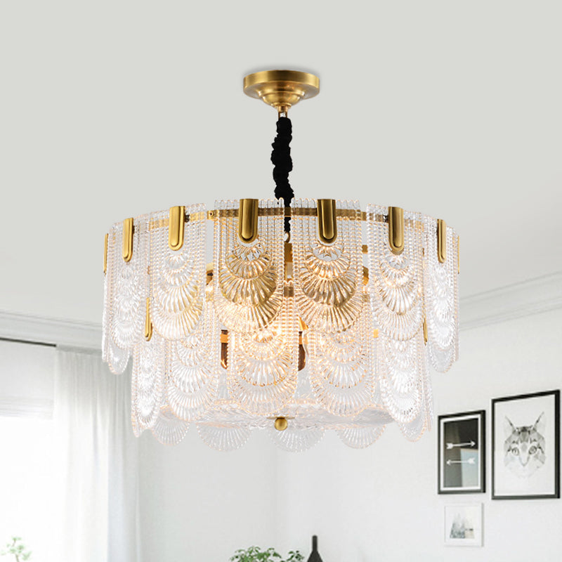 Textured Glass Layered Hanging Ceiling Light Modernism 3/8 Lights Chandelier Light in Brass 8 Brass Clearhalo 'Ceiling Lights' 'Chandeliers' 'Modern Chandeliers' 'Modern' Lighting' 559941