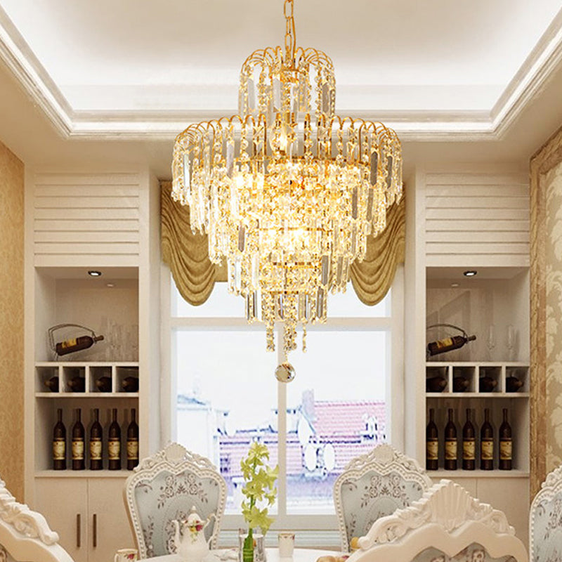 Tiered Hanging Ceiling Light Modernist Crystal 4 Lights Gold Chandelier Light for Dining Room Clearhalo 'Ceiling Lights' 'Chandeliers' 'Modern Chandeliers' 'Modern' Lighting' 559992