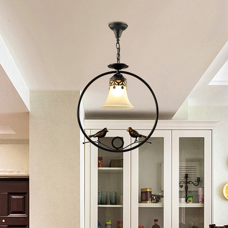 1 Light Round Pendant Lighting Fixture Classical Black Metal Hanging Ceiling Light with Bell Shade and Bird Black Clearhalo 'Ceiling Lights' 'Pendant Lights' 'Pendants' Lighting' 560213_16f8ba78-f914-4614-bf17-af92d0f34acb