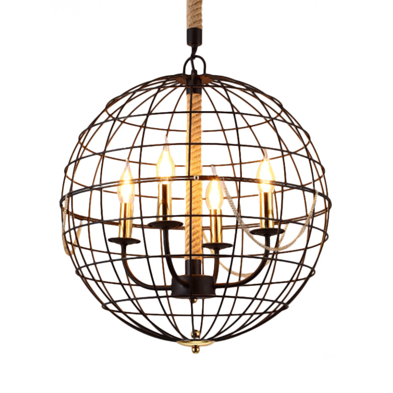 Candle Living Room Pendant Chandelier Traditional Metal 3/4 Lights Black Hanging Fixture with Globe Cage Clearhalo 'Ceiling Lights' 'Chandeliers' Lighting' options 560308