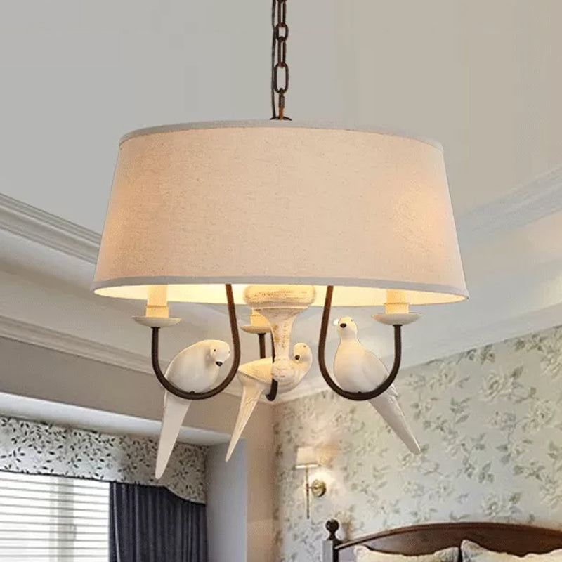 Fabric Beige Pendant Lamp Drum 3 Lights Vintage Chandelier Light Fixture for Bedroom with Bird Clearhalo 'Ceiling Lights' 'Chandeliers' Lighting' options 560441